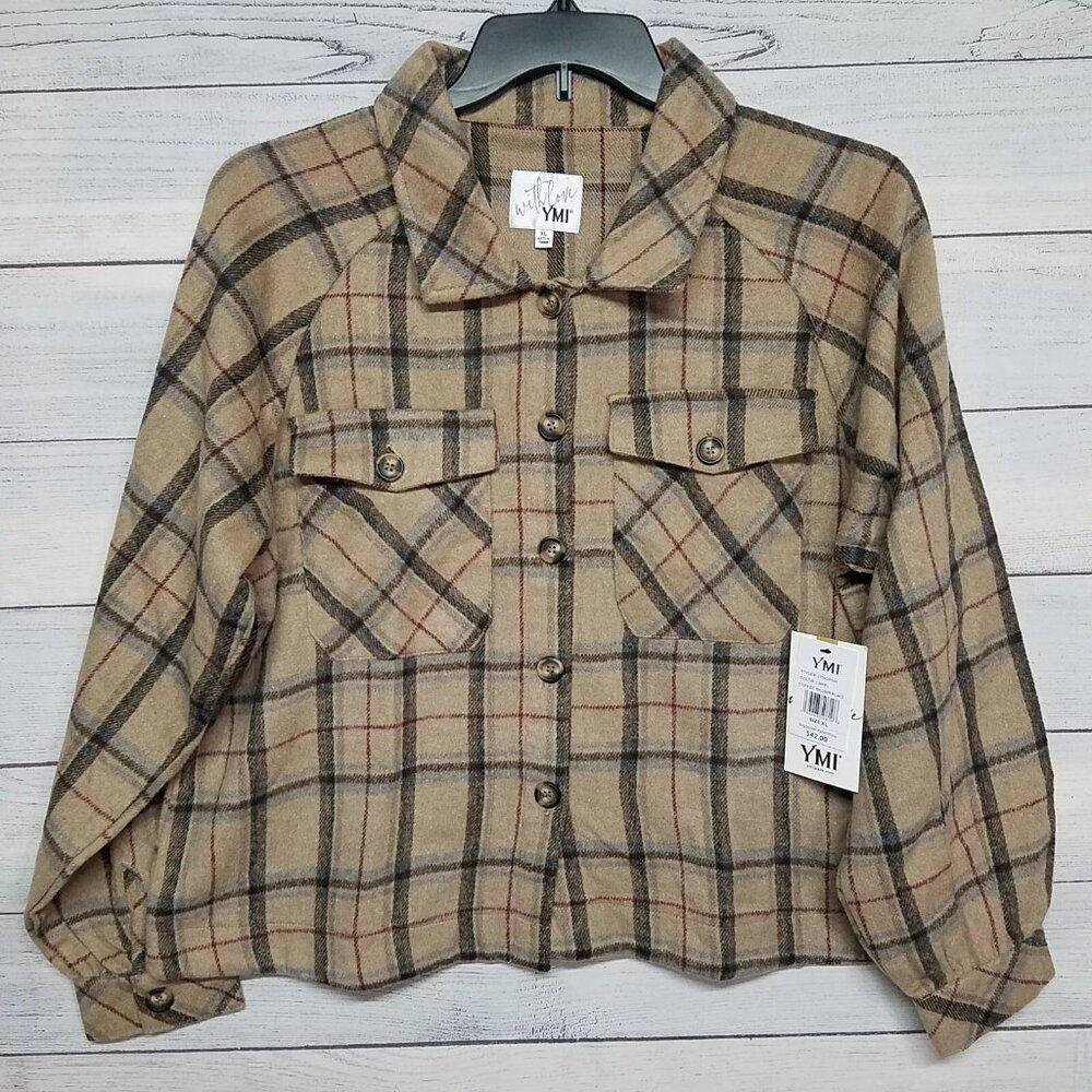 YMI Boxy Fit Cropped Shacket Juniors Size XL - Coffee Brown Plaid